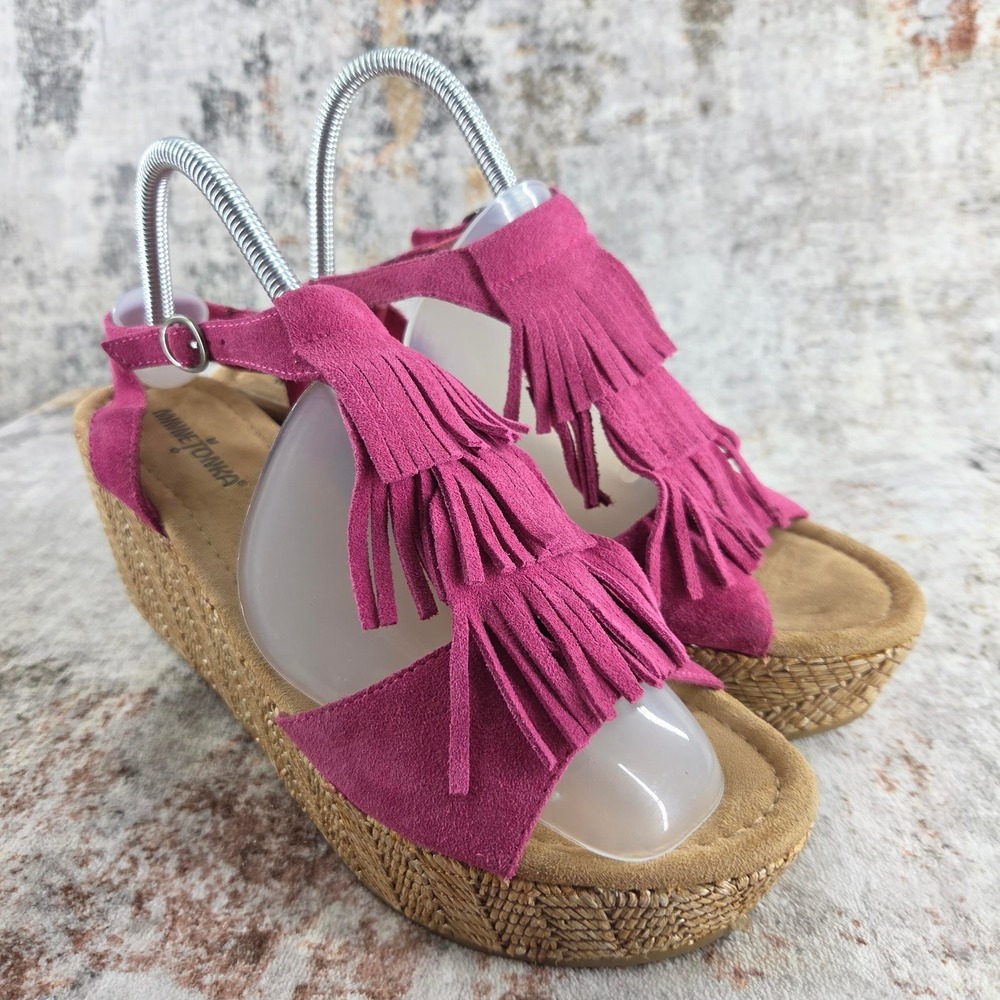 Minnetonka Fringe Wedge Sandals Womens 10 Pink Suede Boho Ankle Strap Shoes